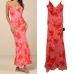 Lulus Slip Maxi Dress M Pink Floral Ilaria Sexy Lace Sheer Beach Wedding Y2K